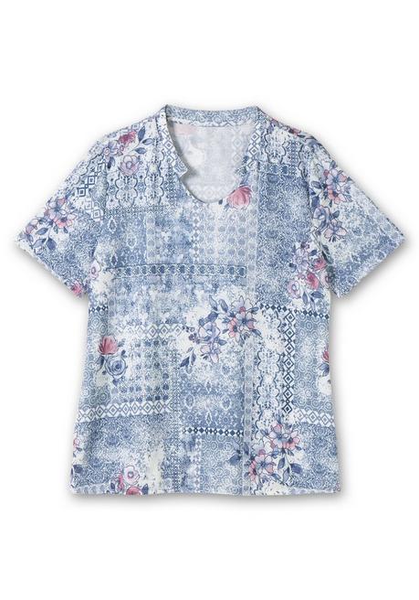 Sheego Shirt Mit Alloverprint Und V-Ausschnitt - Blau Gemustert Sheego