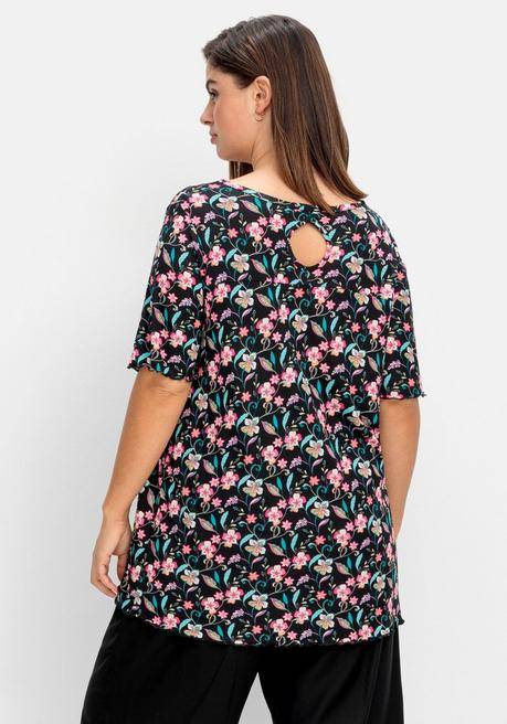 Sheego Shirt Mit Blumendruck Und Cut-out Im Rücken - Schwarz Gemustert Sheego