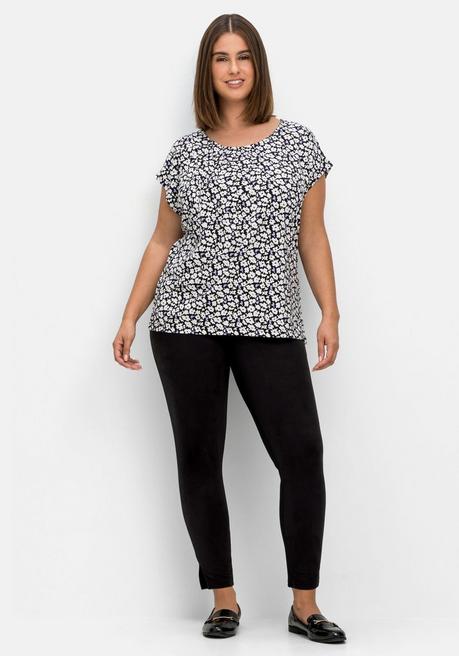 Sheego Shirt Mit Blumendruck Und Dekorativen Falten - Schwarz Gemustert Sheego