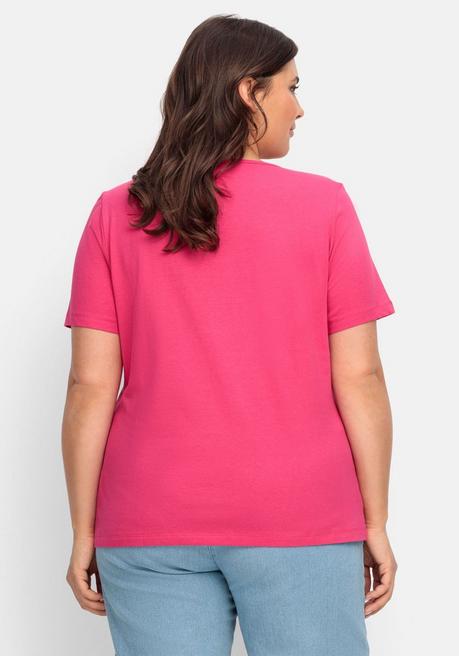 Sheego Shirt Mit Blumenmuster Aus Ziersteinchen Vorn - Pink Sheego