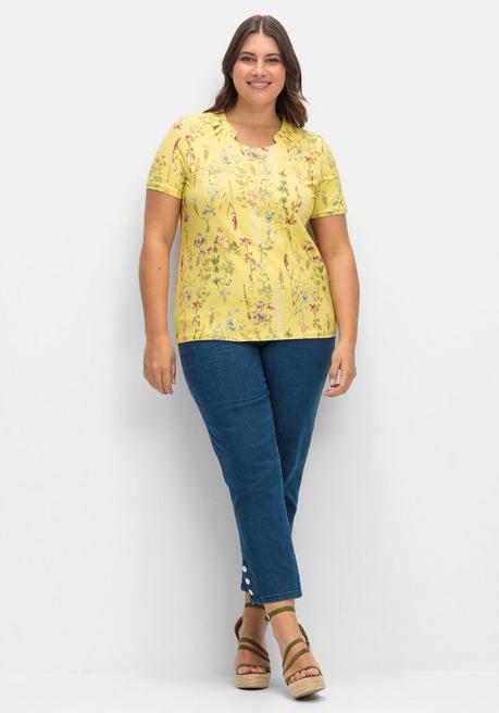 Sheego Shirt Mit Faltenpartie Am Stehkragen - Hellgelb Gemustert Sheego