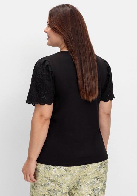 Sheego Shirt Mit Flügelärmeln Und Lochstickerei - Schwarz Sheego