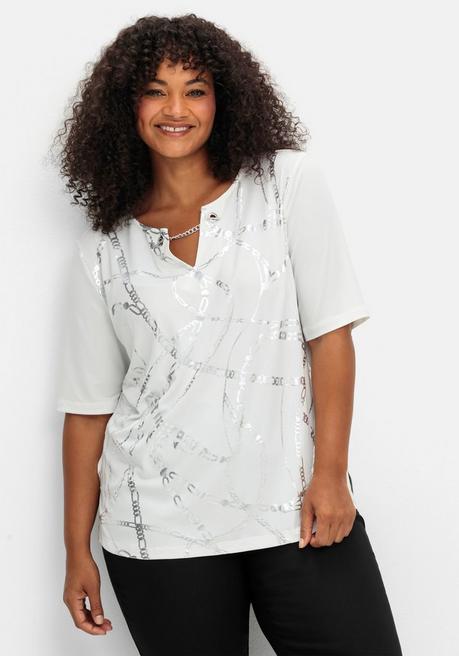 sheego Shirt mit Ösen und Metallkette am Ausschnitt - ecru gemustert sheego