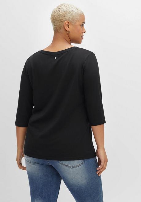 Sheego Shirt Mit Rundhals Und Schlitz, 3/4-Ärmel - Schwarz Sheego