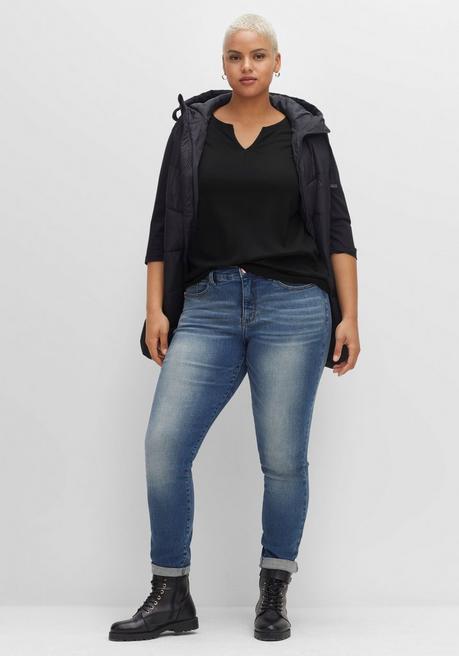 Sheego Shirt Mit Rundhals Und Schlitz, 3/4-Ärmel - Schwarz Sheego