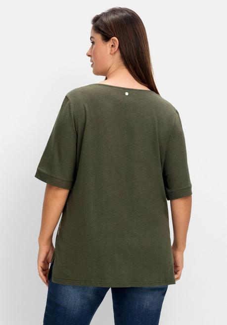 Sheego Shirt Mit Spitzenbesatz, Im Leinen-Mix - Dunkeloliv Sheego