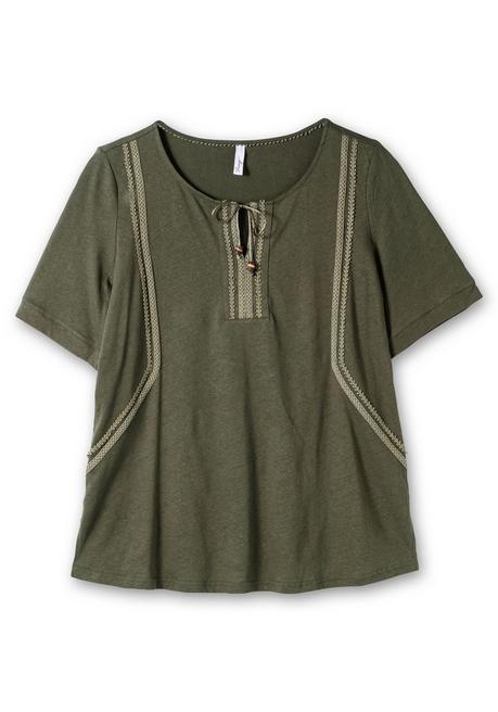 Sheego Shirt Mit Spitzenbesatz, Im Leinen-Mix - Dunkeloliv Sheego