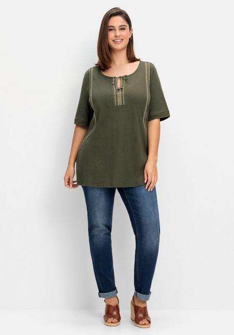 Sheego Shirt Mit Spitzenbesatz, Im Leinen-Mix - Dunkeloliv Sheego