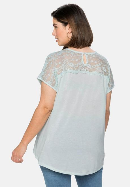 Sheego Shirt Mit Spitzenpasse An Der Schulterpartie - Blassaqua Sheego