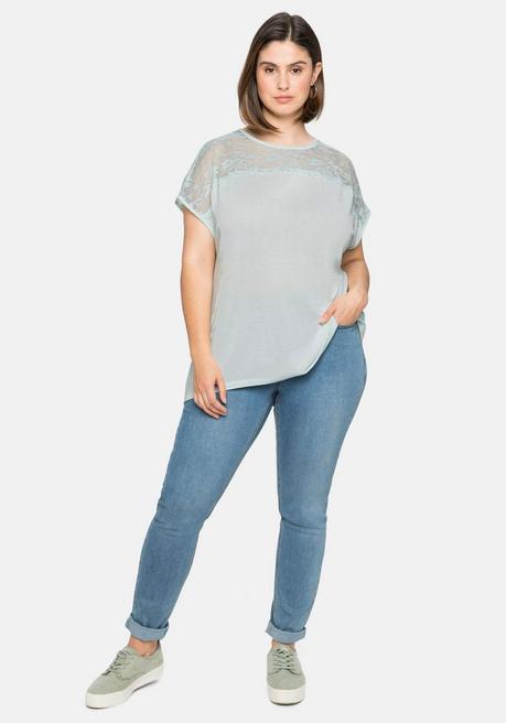 Sheego Shirt Mit Spitzenpasse An Der Schulterpartie - Blassaqua Sheego