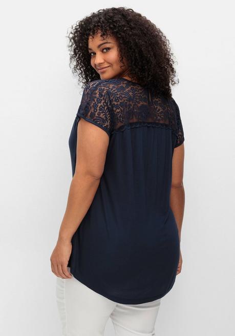 Sheego Shirt Mit Spitzenpasse An Der Schulterpartie - Tiefblau Sheego