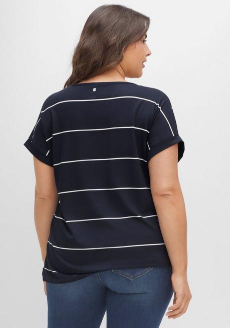 Sheego Shirt Mit Streifen Und Bindeband Am Saum - Nachtblau-weiß Sheego