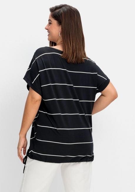 Sheego Shirt Mit Streifen Und Bindeband Am Saum - Schwarz-weiß Sheego