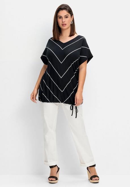 Sheego Shirt Mit Streifen Und Bindeband Am Saum - Schwarz-weiß Sheego