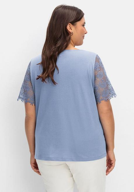 Sheego Shirt Mit Transparentem Spitzenbesatz - Eisblau Sheego