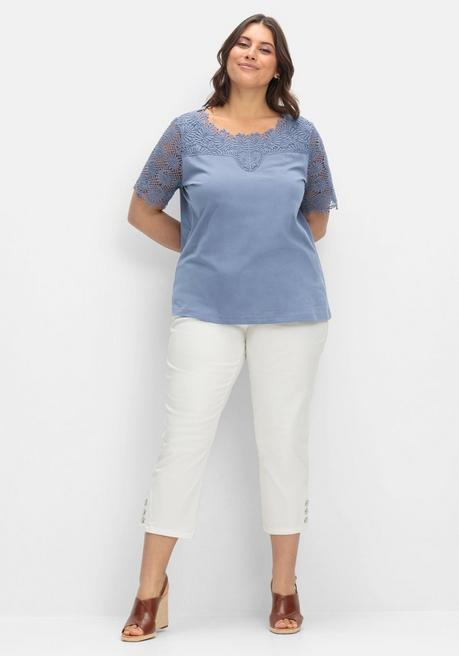 Sheego Shirt Mit Transparentem Spitzenbesatz - Eisblau Sheego