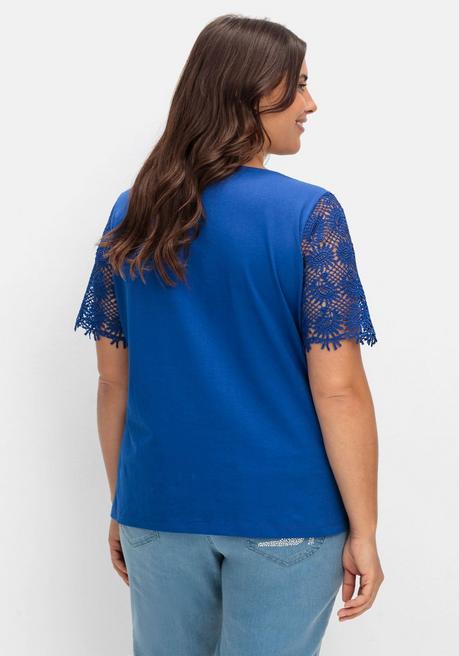 Sheego Shirt Mit Transparentem Spitzenbesatz - Royalblau Sheego