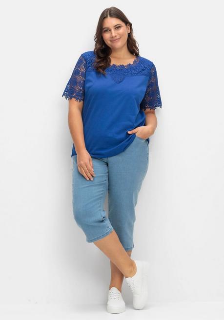 Sheego Shirt Mit Transparentem Spitzenbesatz - Royalblau Sheego