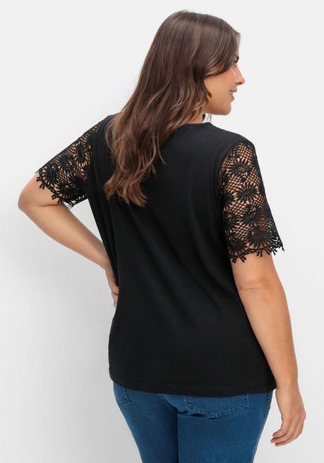 Sheego Shirt Mit Transparentem Spitzenbesatz - Schwarz Sheego