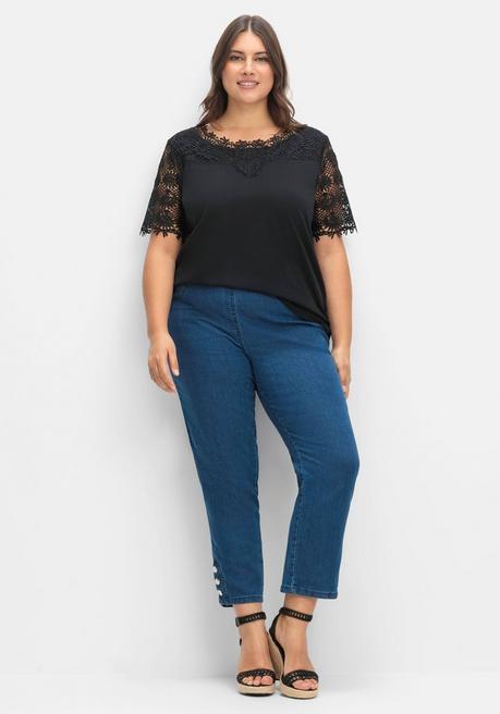 Sheego Shirt Mit Transparentem Spitzenbesatz - Schwarz Sheego