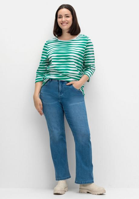 Sheego Shirt Mit Welligen Streifen Und 3/4-Ärmeln - Blattgrün Gestreift Sheego