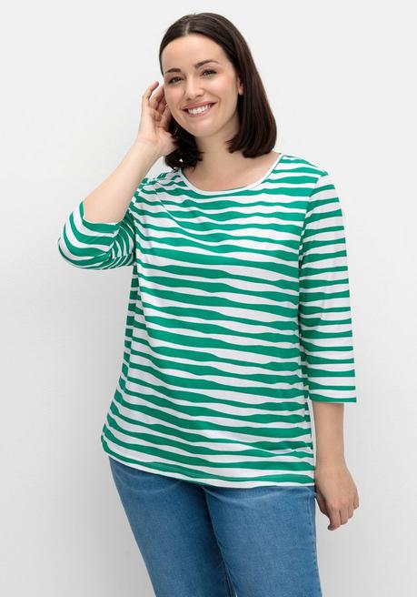 sheego Shirt mit welligen Streifen und 3/4-Ärmeln - blattgrün gestreift sheego