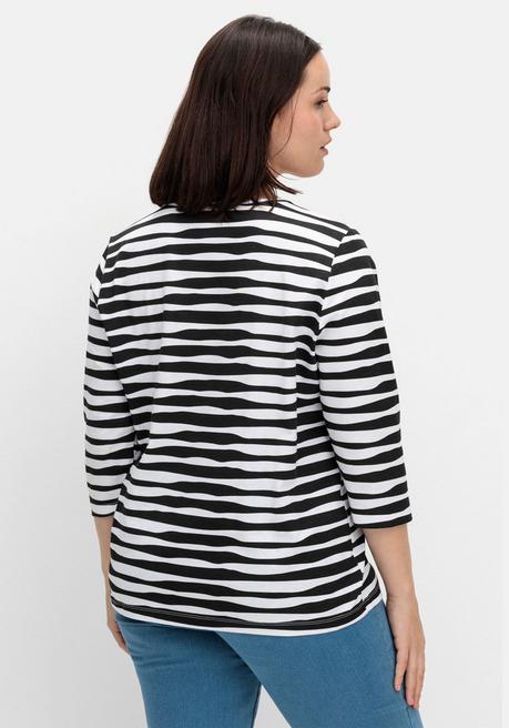 Sheego Shirt Mit Welligen Streifen Und 3/4-Ärmeln - Schwarz Gestreift Sheego