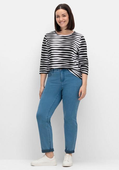 Sheego Shirt Mit Welligen Streifen Und 3/4-Ärmeln - Schwarz Gestreift Sheego