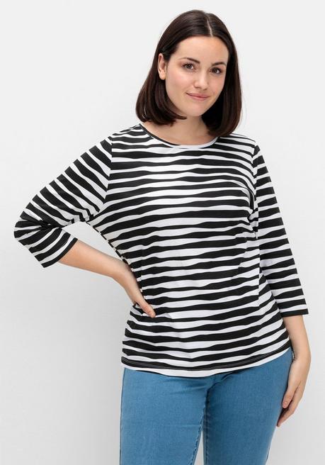 sheego Shirt mit welligen Streifen und 3/4-Ärmeln - schwarz gestreift sheego