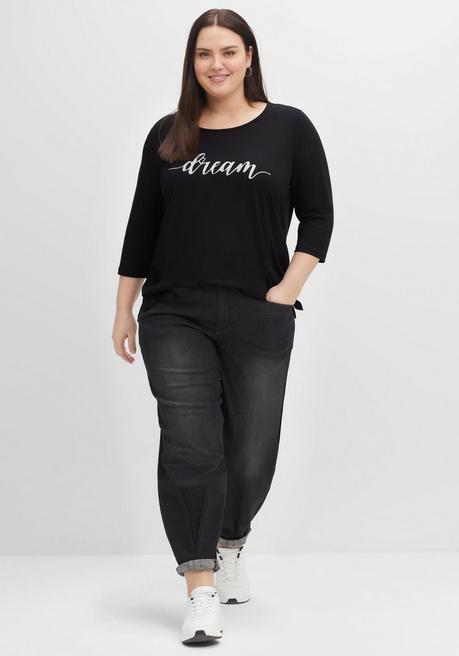 Sheego Shirt Mit Wording-Frontdruck Und 3/4-Ärmeln - Schwarz Sheego