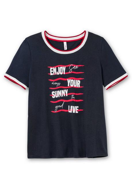 Sheego Shirt Mit Wordingprint Und Kontrastbündchen - Nachtblau Bedruckt Sheego