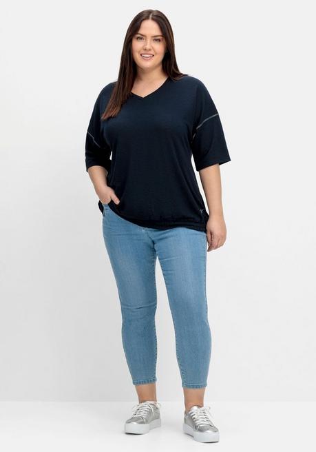 Sheego Shirt Mit Ziernaht An Den Ärmeln Und Smokbund - Nachtblau Sheego