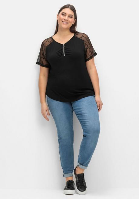 Creation L Shirt Mit Zipper Und Ärmeln Aus Spitze - Schwarz Sheego