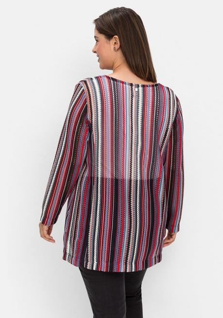 Sheego Shirtjacke In Häkel-Optik, V-Ausschnitt Mit Bindeband - Nachtblau Gestreift Sheego