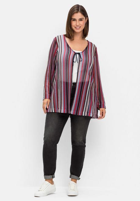 Sheego Shirtjacke In Häkel-Optik, V-Ausschnitt Mit Bindeband - Nachtblau Gestreift Sheego