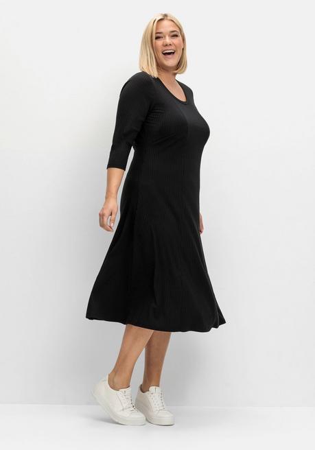 Sheego Shirtkleid Aus Rippqualität, Mit 3/4-Ärmeln - Schwarz Sheego