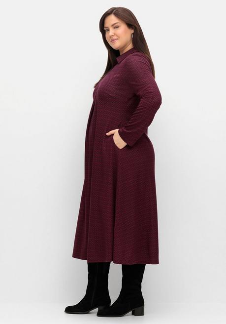 Sheego Shirtkleid In A-Linie, Mit Kragen Und Kellerfalte - Weinrot Gemustert Sheego