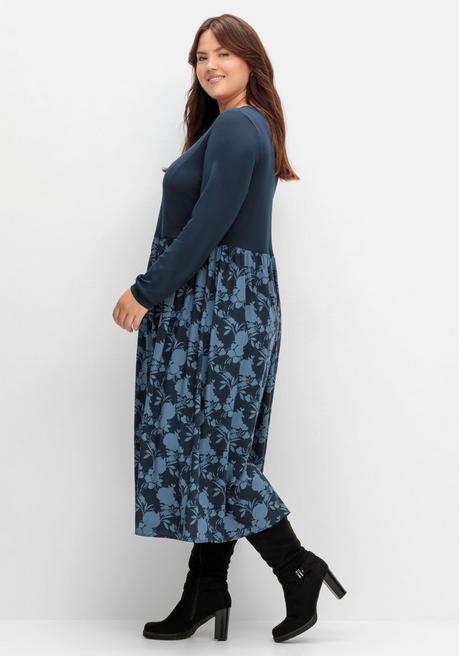 Sheego Shirtkleid In Midilänge, Im Muster- Und Materialmix - Nachtblau Gemustert Sheego