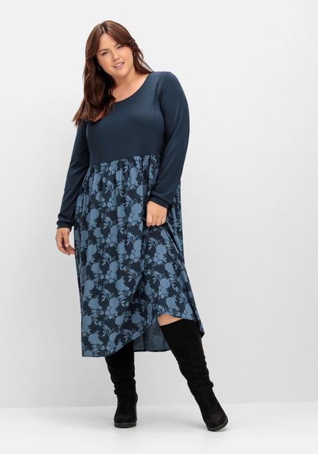 sheego Shirtkleid in Midilänge, im Muster- und Materialmix - nachtblau gemustert sheego