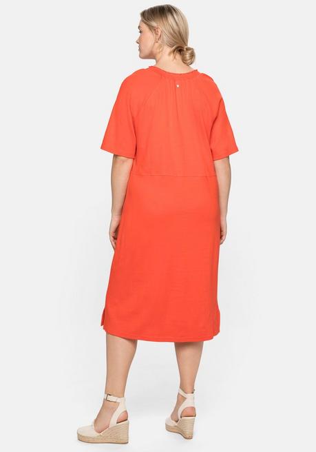 Sheego Shirtkleid Mit Gesmoktem V-Ausschnitt - Rotorange Sheego