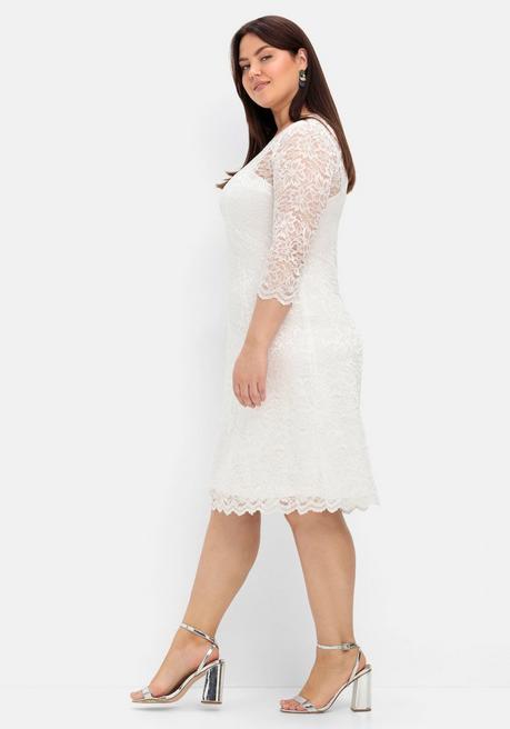 Sheego Spitzenkleid Mit Wellensaum; Knielang - Offwhite Sheego