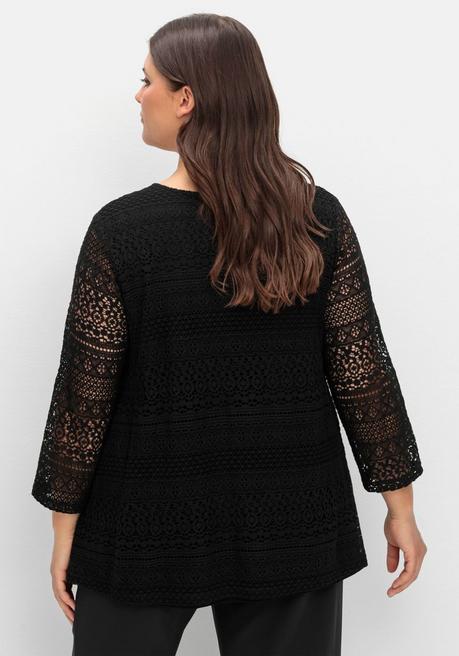 Sheego Spitzenshirt In A-Linie Und 3/4-Arm - Schwarz Sheego
