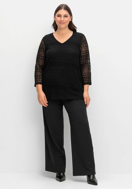 Sheego Spitzenshirt In A-Linie Und 3/4-Arm - Schwarz Sheego