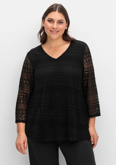 sheego Spitzenshirt in A-Linie und 3/4-Arm - schwarz sheego