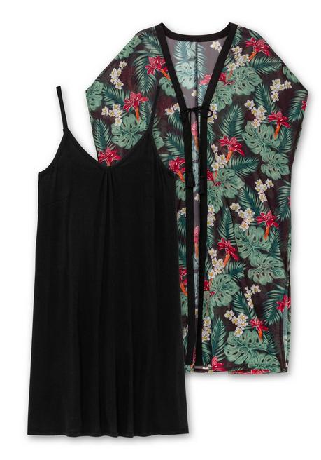 Sheego Strandset Aus Jerseykleid Und Offenem Kaftan - Schwarz Gemustert Sheego