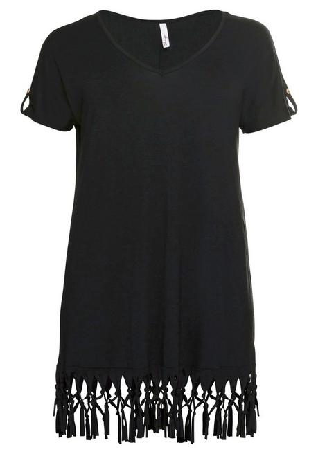 Sheego Strandshirt In Longform, Mit Fransen Am Saum - Schwarz Sheego