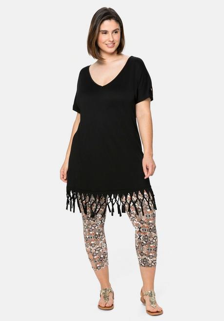 Sheego Strandshirt In Longform, Mit Fransen Am Saum - Schwarz Sheego