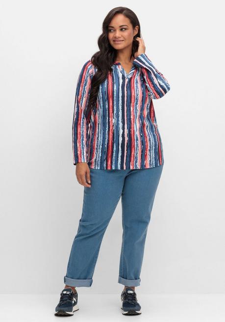 Sheego Streifenshirt Im Batik-Look, Mit Krempelärmeln - Marine Gemustert Sheego