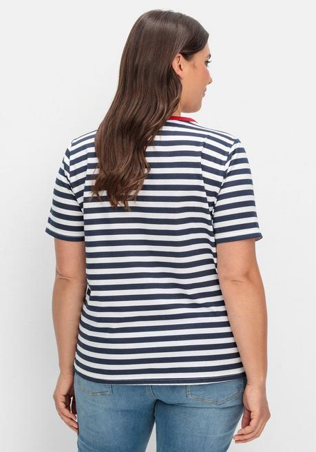Sheego Streifenshirt Mit Kurzer Zierknopfleiste - Marine Gestreift Sheego