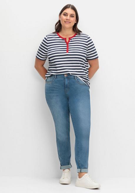 Sheego Streifenshirt Mit Kurzer Zierknopfleiste - Marine Gestreift Sheego